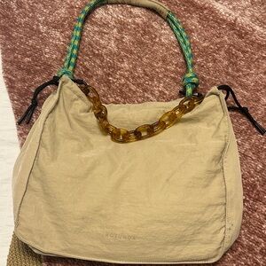 Rotunda Beige Women's Bag with Green Handle